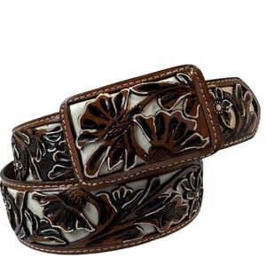 TONY DILAZ Brown Western Leather Floral Tooled Men's Belt Made In Mexico 36